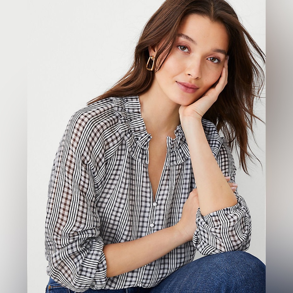 Ann Taylor Plaid Ruffled Raglan Sleeve Top - Picture 2 of 6
